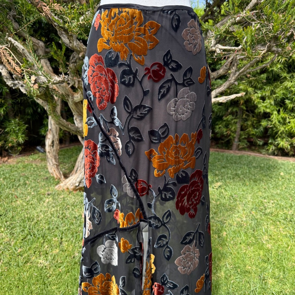 Hartnell Burnout Velvet Floral Maxi Skirt Black Gold Devore Handkerchief XS - Picture 2 of 8